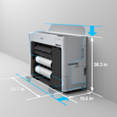 Dimensions of the Epson SureColor T3770DE 24” Wide Dual-Roll Printer against a wall.
