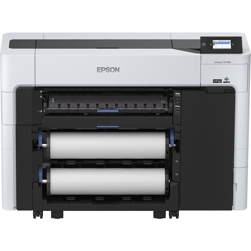 Front facing image of the Epson SureColor T3770E 24” Wide Dual-Roll Printer with basket.