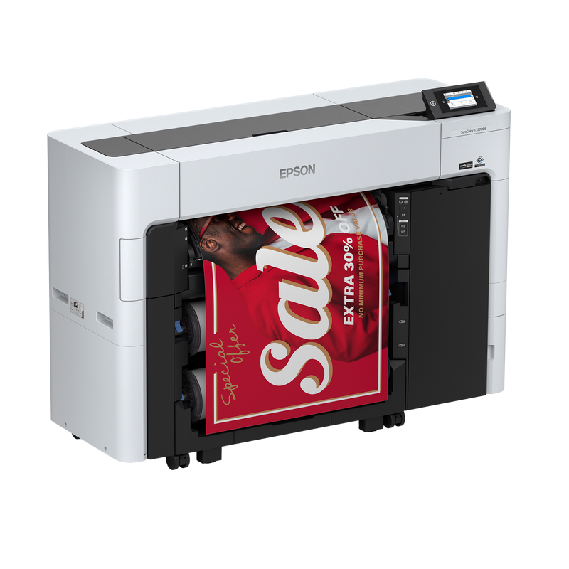 Left facing image of the Epson SureColor T3770DE 24” Wide Dual-Roll Printer.