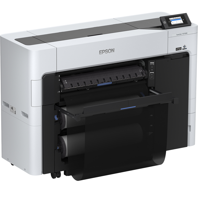 Left facing image of the Epson SureColor T3770E 24” Wide Dual-Roll Printer with basket.