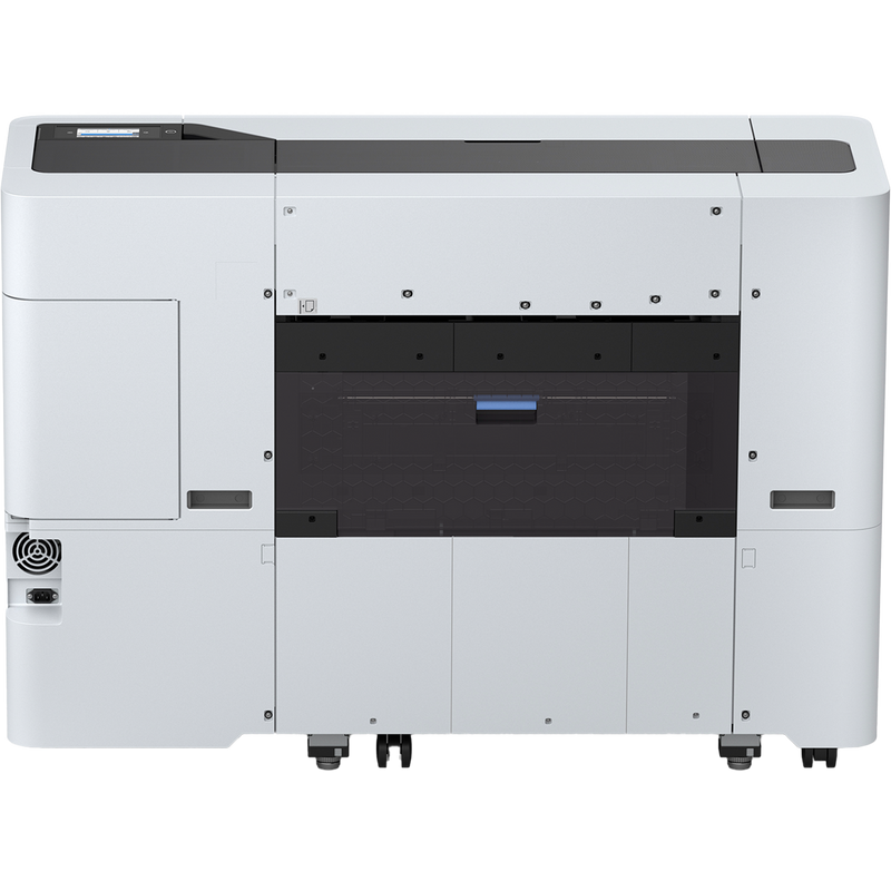 Rear facing image of the Epson SureColor T3770DE 24” Wide Dual-Roll Printer with basket.