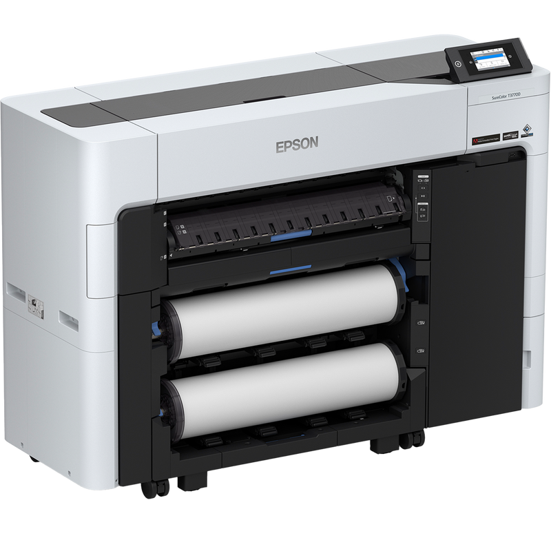 Left facing image of the Epson SureColor T3770DR 24” Wide Dual-Roll Printer with rolls.