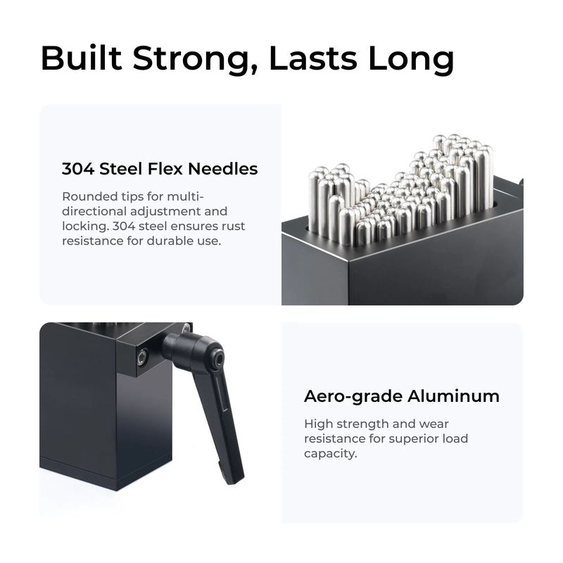 Built strong, lasts long. 304 steel flex needles with rounded tips for multi-directional adjustments and locking. 304 steel ensures rust resistance for long-term use and durability. Aero-grade aluminum is high strength and wear-resistant for superior load capacity.