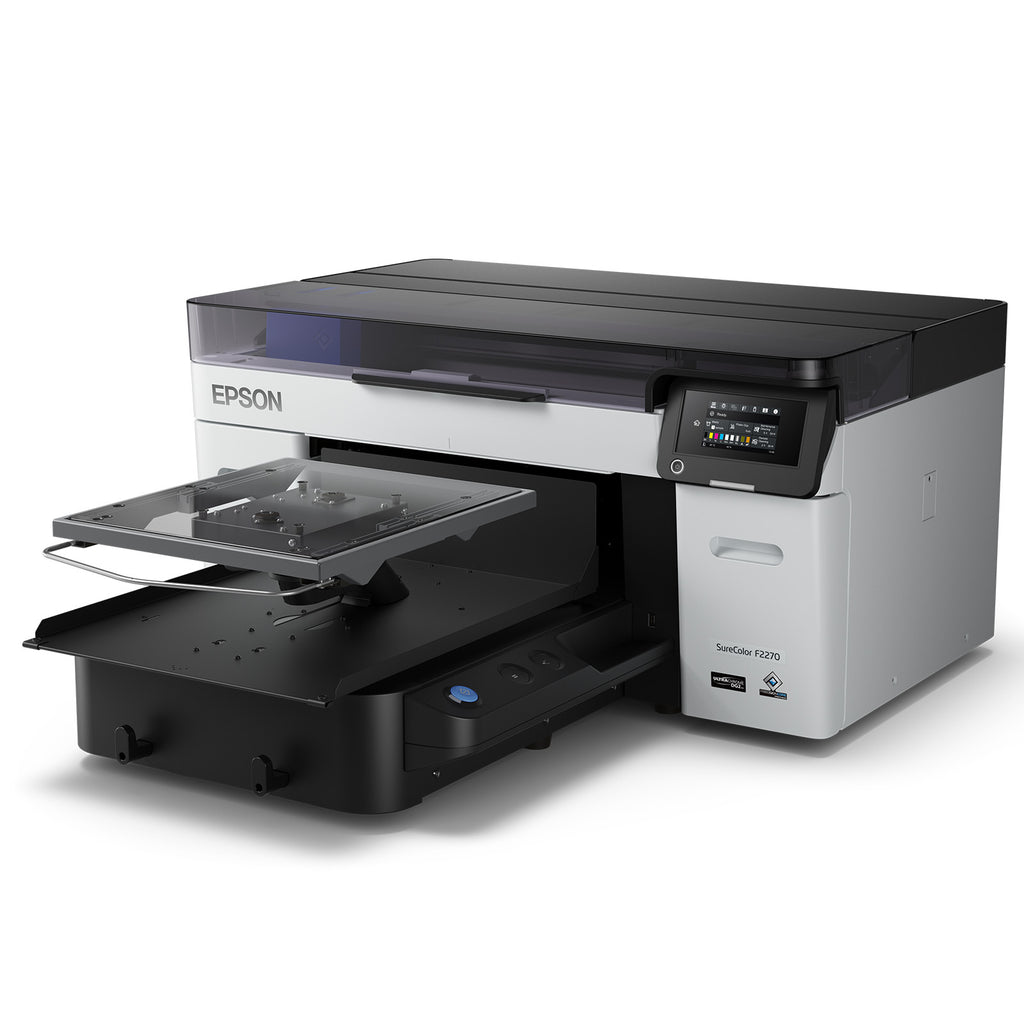 The whole Epson SureColor F2270 from the front left, with its empty hanger platen pulled out