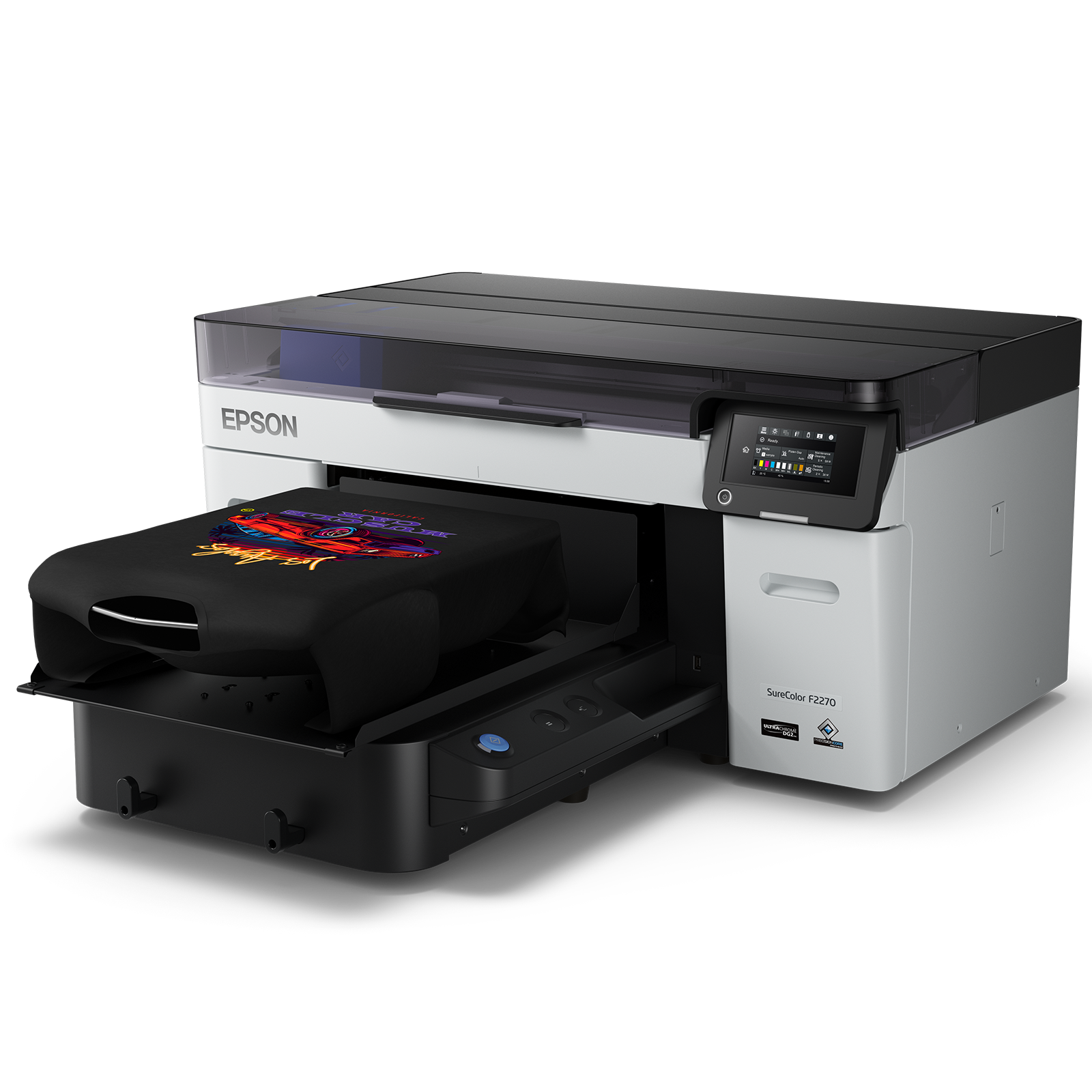 Epson SureColor F2270 DTF/ DTG Printer Side View with Black Shirt on Platen