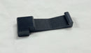 A black plastic curved bracket or clip with a textured center strip, shown on a light gray background.