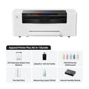 A white apparel printer shown above a bundle callout labeled 'Apparel Printer Plus All-in-1 Bundle' with included items: OS1 Automatic Shaker Oven Machine, SafetyPro AP2 Air Purifier, CMYKW Ink Set, Film Roll, Moisturizing Liquid, and Internal Humidity Module.