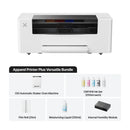 A white and black OS1 automatic shaker oven machine shown above a product bundle grid labeled 'Apparel Printer Plus Versatile Bundle,' including CMYK ink sets, a film roll, moisturizing liquid, and an internal humidity module.