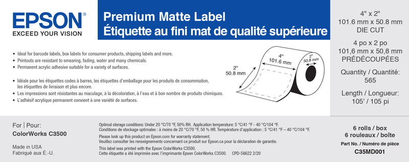 Epson ColorWorks Premium Matte 3500 Die Cut Media 4" x 2"