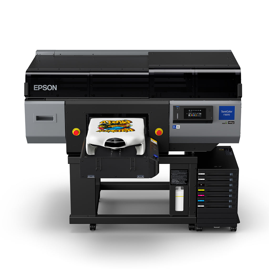 Epson SureColor F3070 Industrial Direct to Garment Printer with T Shirt on Platen Front View