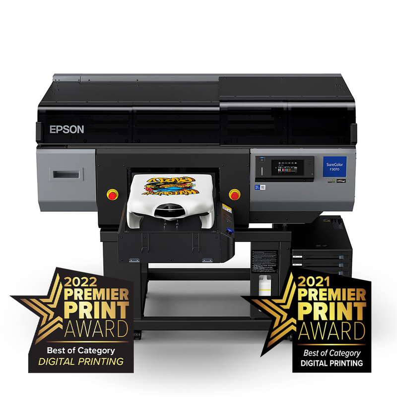 Epson SureColor F3070 Direct to Garment Printer with T Shirt on Platen. 2021 and 2022 Premiere print award for best of category in digital printing.