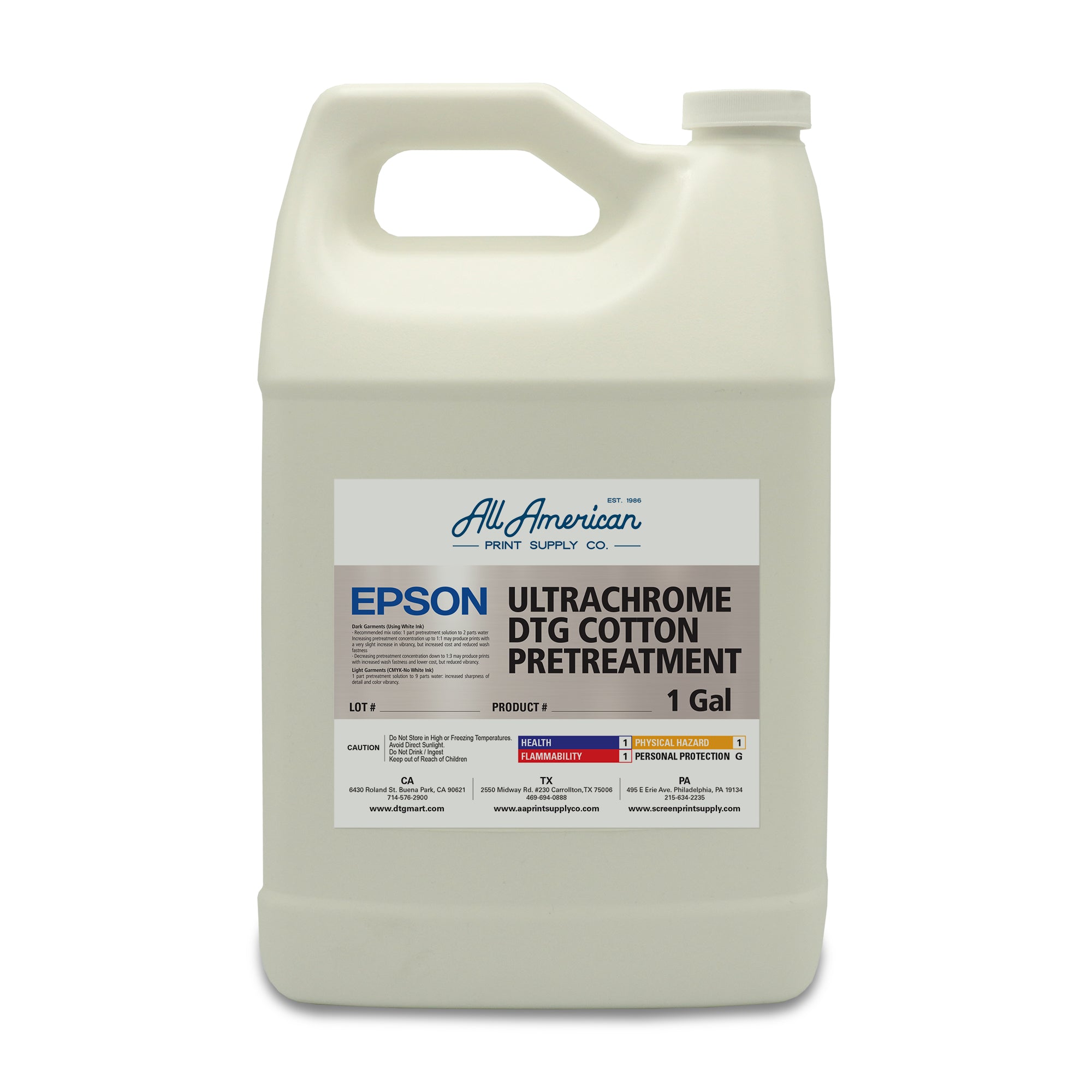 One gallon jug of Epson UltraChrome DTG cotton pretreatment