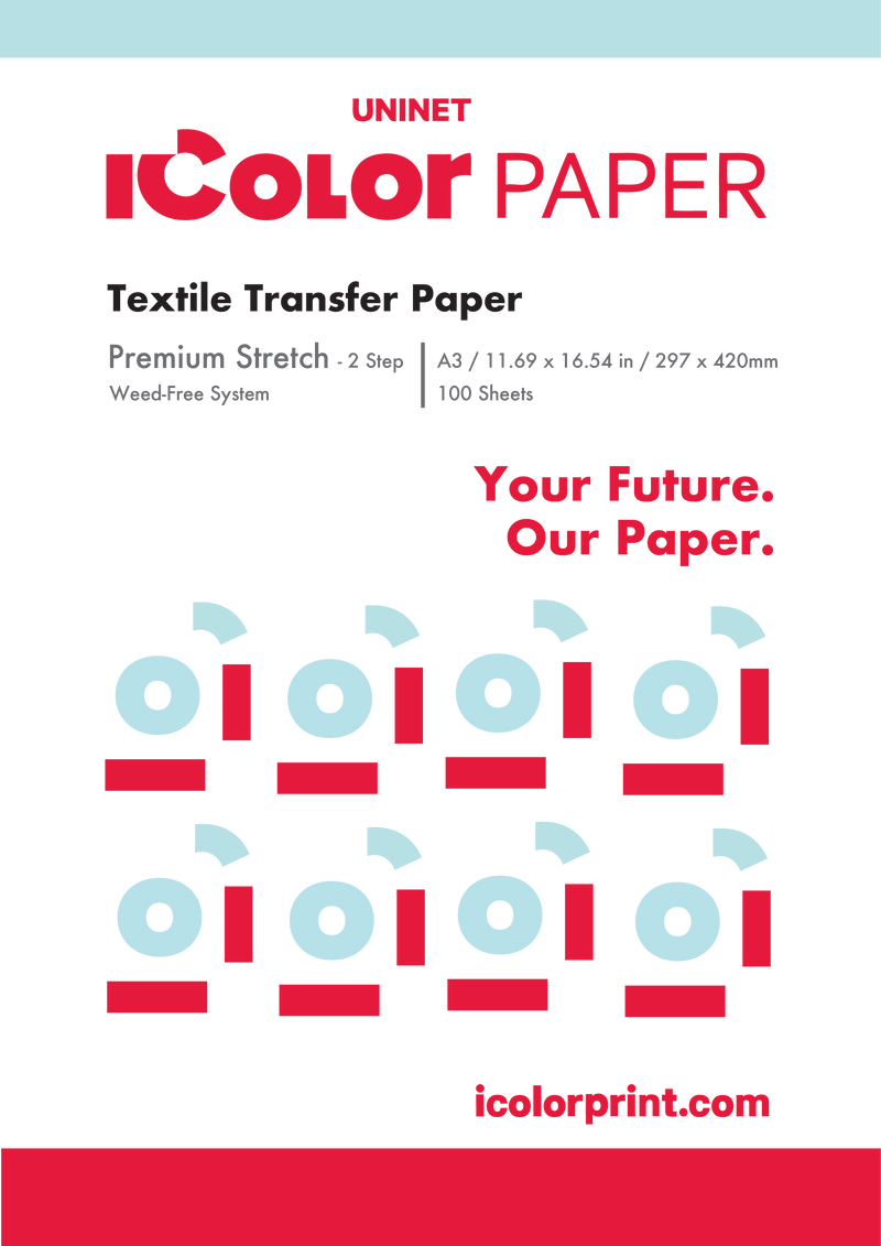 iColor Premium Stretch 2 Step Transfer and Adhesive Media Kit For Light and Dark Textiles. This icolor premium transfer paper is perfect for your stretch and press projects. Add this uninet iColor paper to your stretch kit/ media kit and achieve premium quality results. 