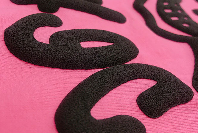 Prisma Puff PU Heat Transfer Vinyl Applied Sample on Pink Garment