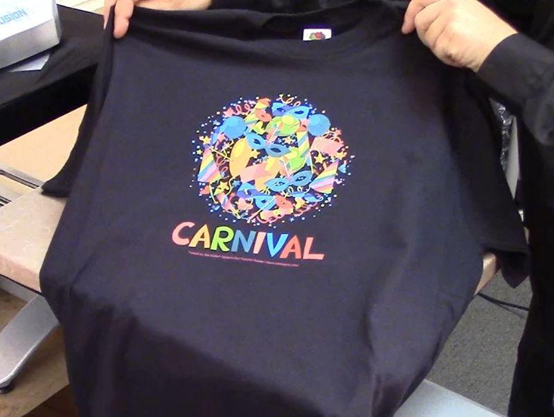 Black t-shirt with full color design print using iColor Select Ultra Bright 2 Step Transfer & Adhesive Media Kit.