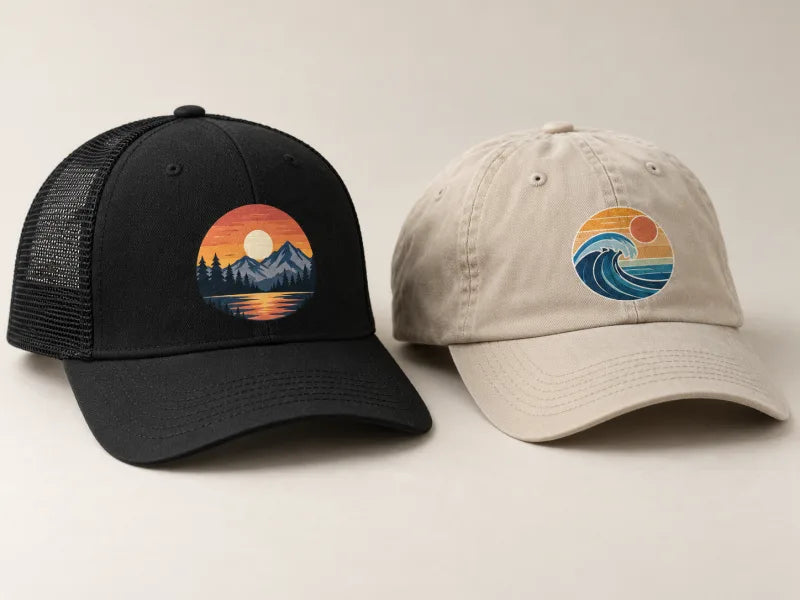 A black trucker cap and a stone dad cap, each with a small full-color DTF transfer on the front panel