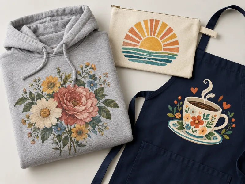 A gray hoodie, a canvas pouch and a navy apron, each with a full-color DTF transfer