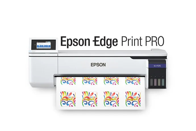 Epson SureColor F570 printing a full transfer sheet of eight nested designs, under the Epson Edge Print PRO name