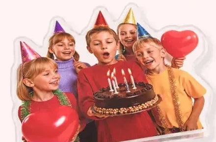 Clear acrylic standee UV printed with a full color birthday party photo