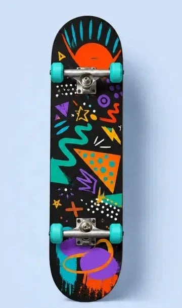 Skateboard deck wrapped in a bold UV DTF sticker graphic